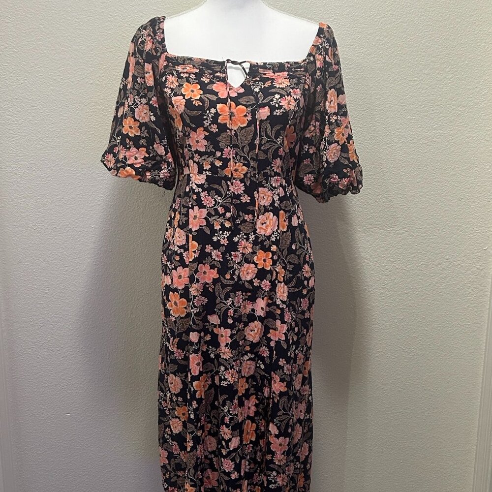 Old Navy floral dress, navy and pink, with ruched back, knee length, medium